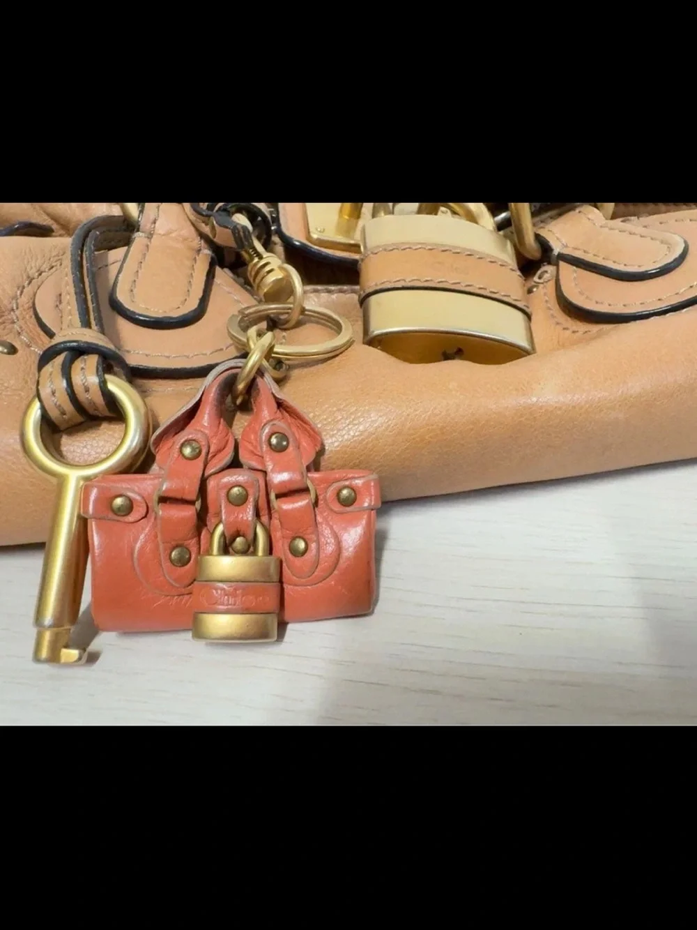 Chloe Tan Leather Satchel with Gold Padlock and Charm